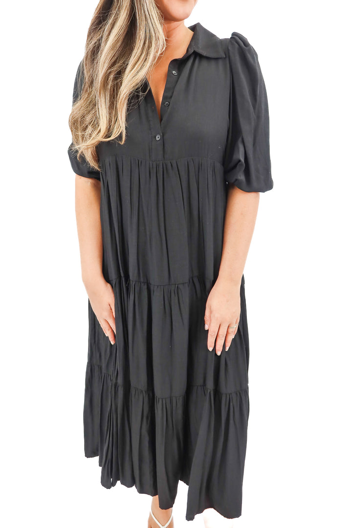 tcec black tiered midi dress (L)