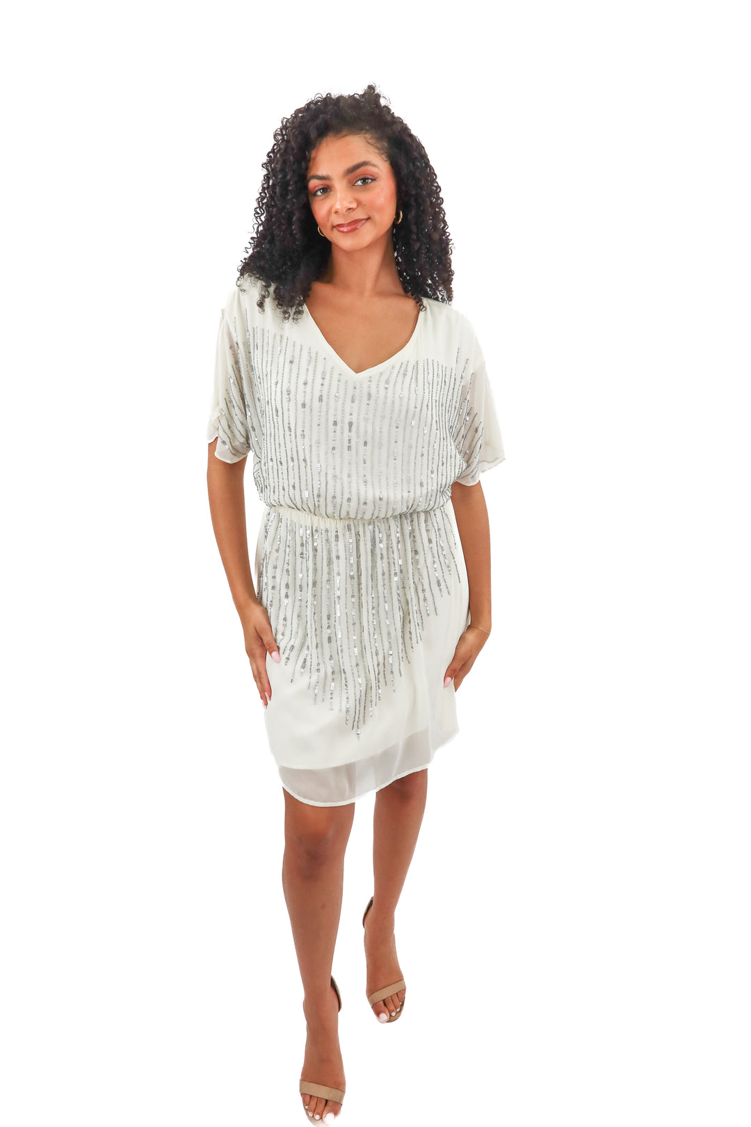 gianni bini white/silver beaded dress (m; retail $139)