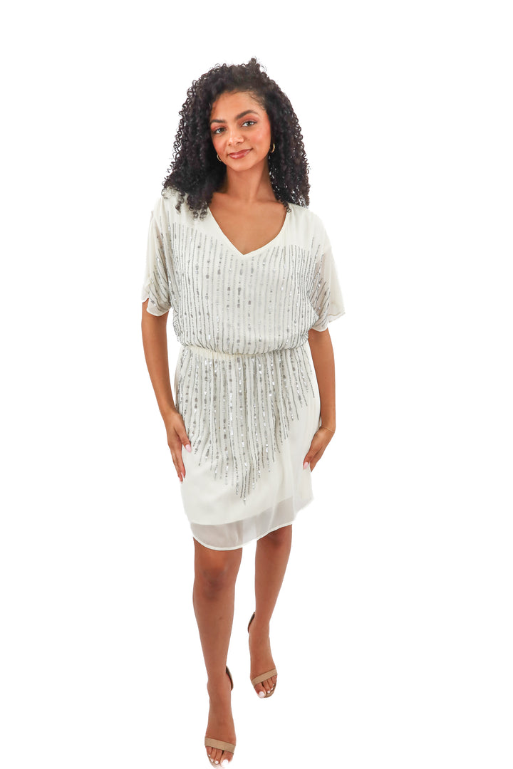 gianni bini white/silver beaded dress (m; retail $139)
