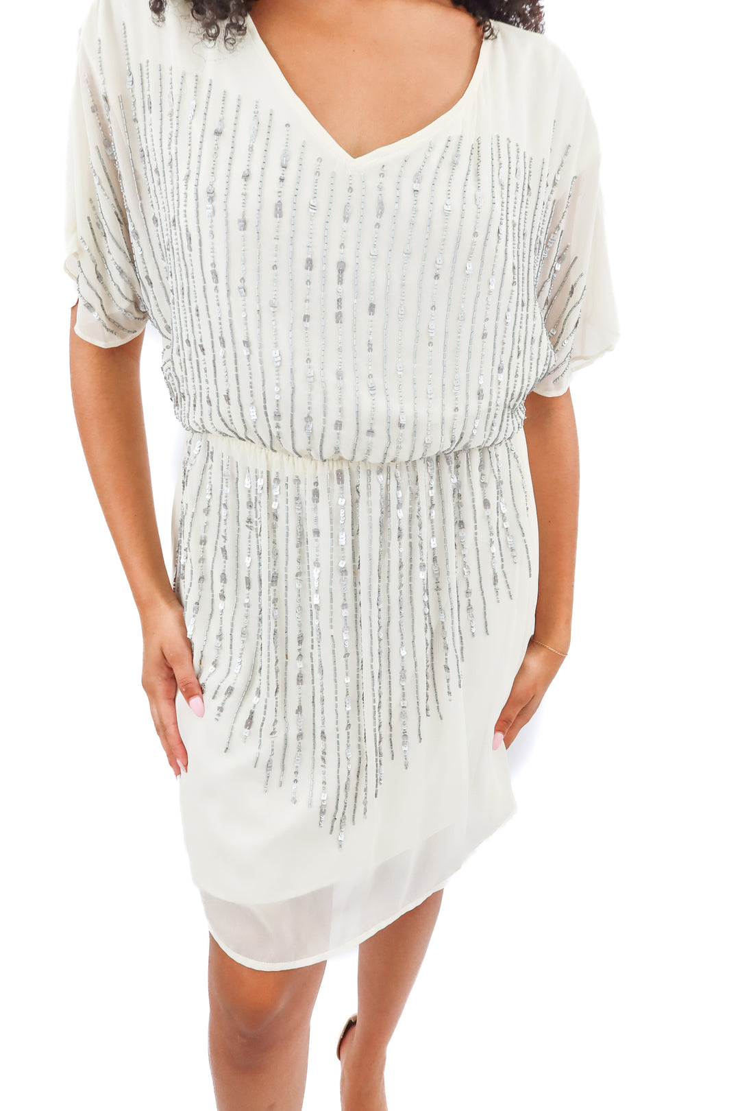 gianni bini white/silver beaded dress (m; retail $139)