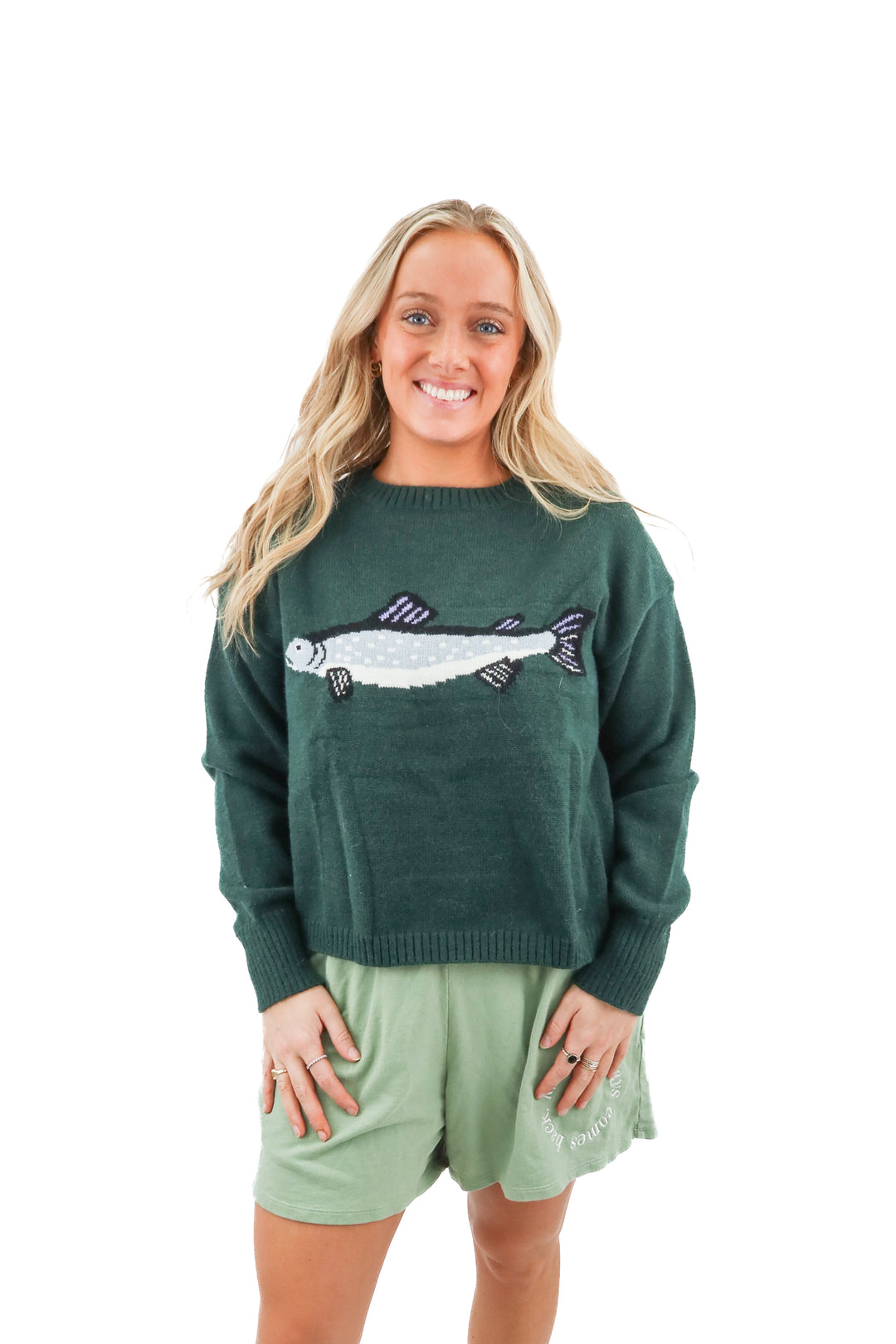 green "fish" knit sweater (L; retail $59)
