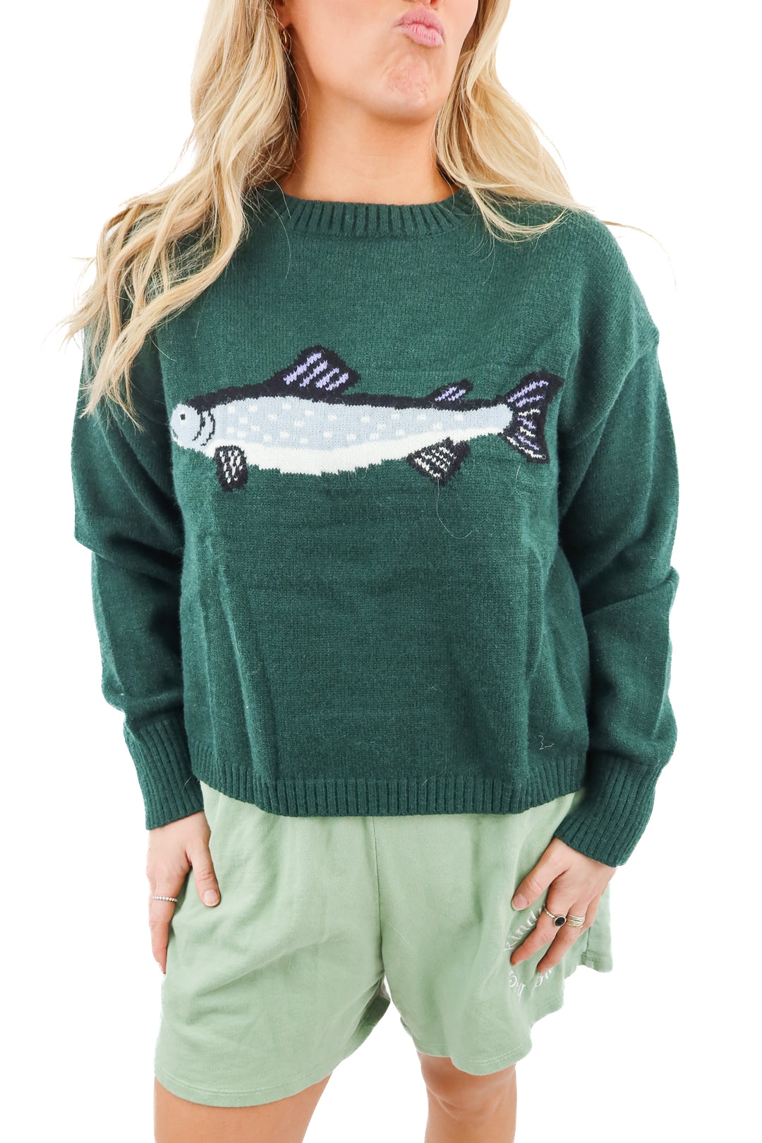 green "fish" knit sweater (L; retail $59)