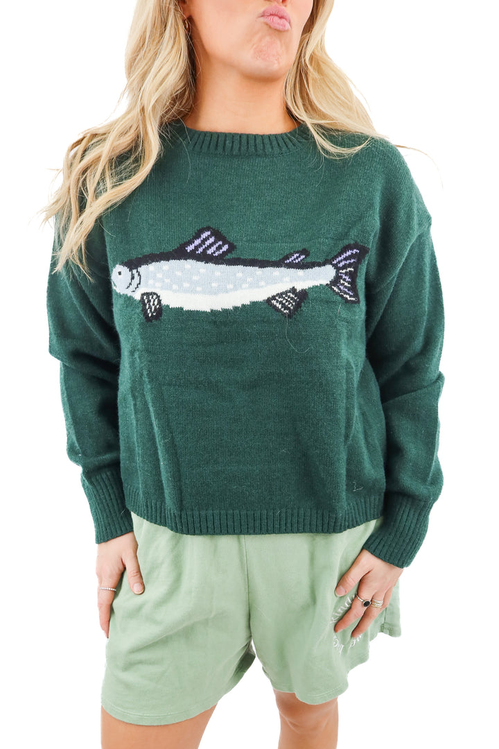 green "fish" knit sweater (L; retail $59)