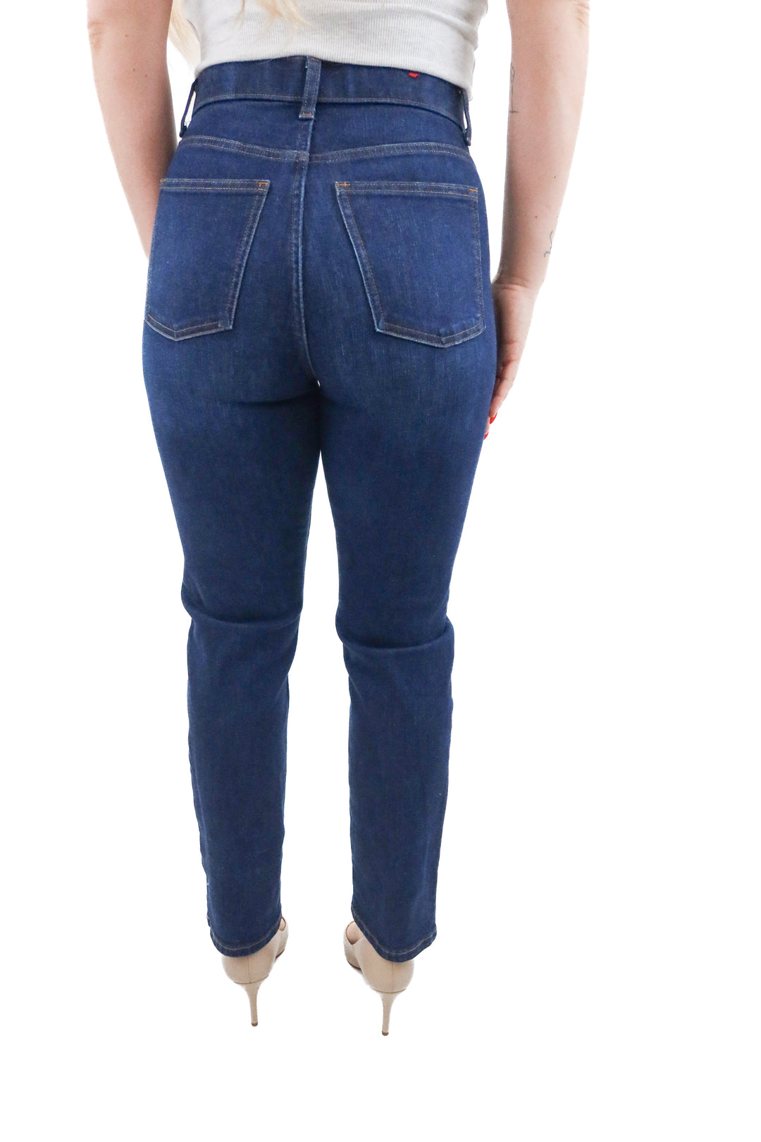 spanx dark wash straight leg jean (6; retail $158)
