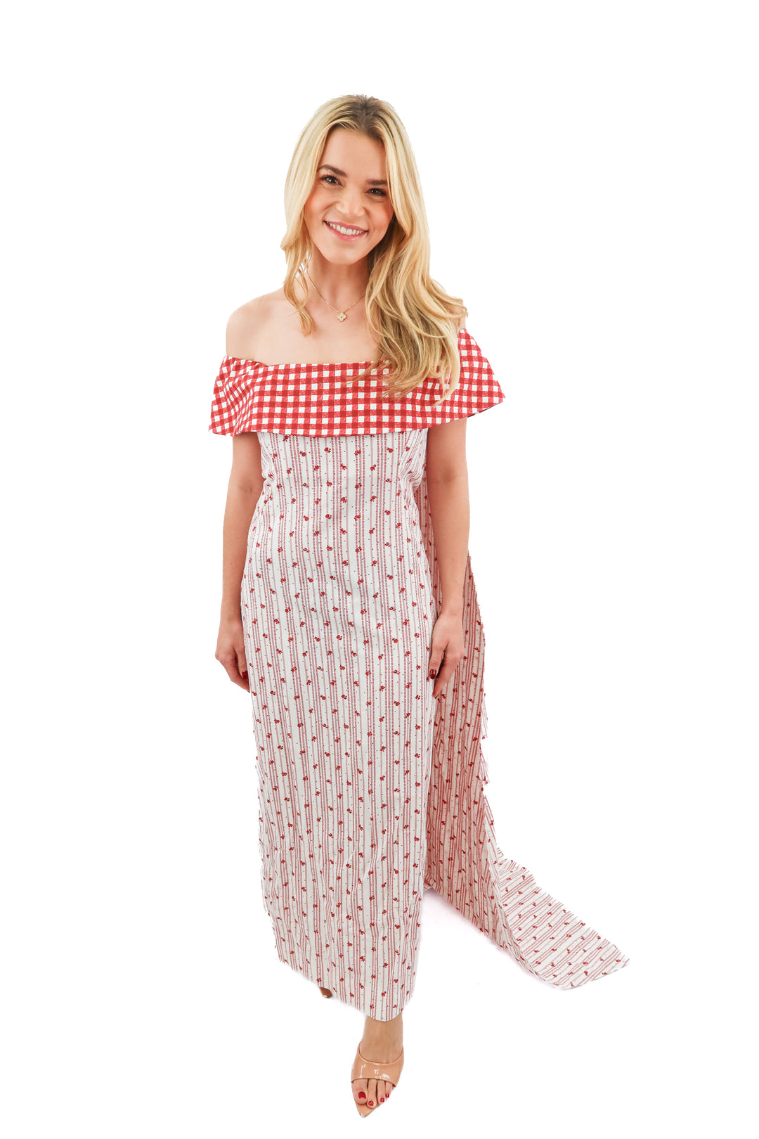 le social wear red/white gingham floral print maxi dress NWT (S)
