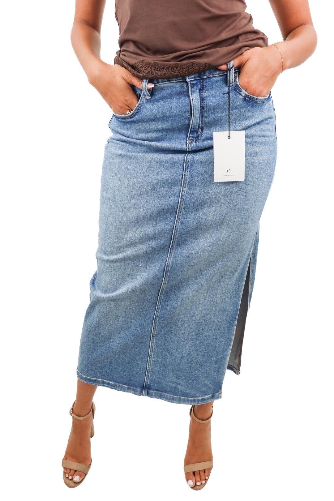 hidden light wash denim maxi skirt NWT (retail $69.99)