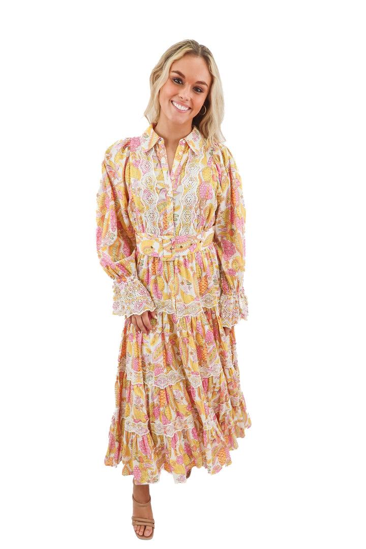 by timo pink/yellow floral maxi eyelet dress (XS)