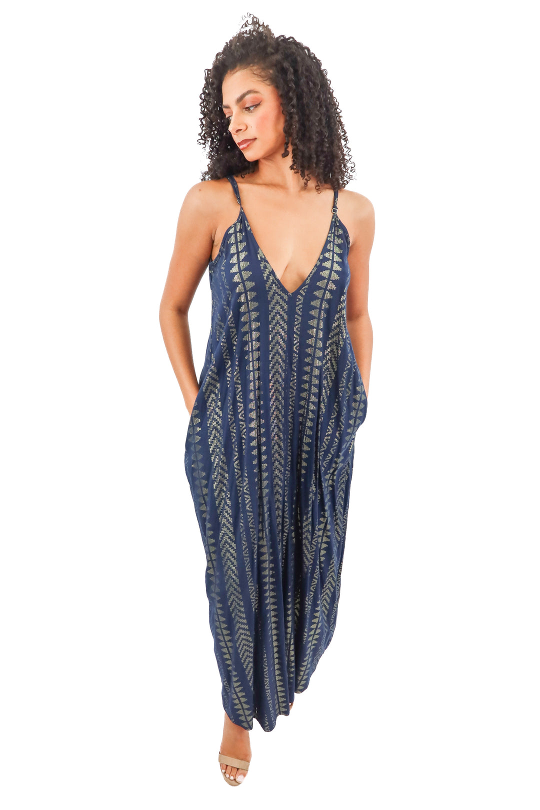 elan navy gold metallic maxi dress (L)