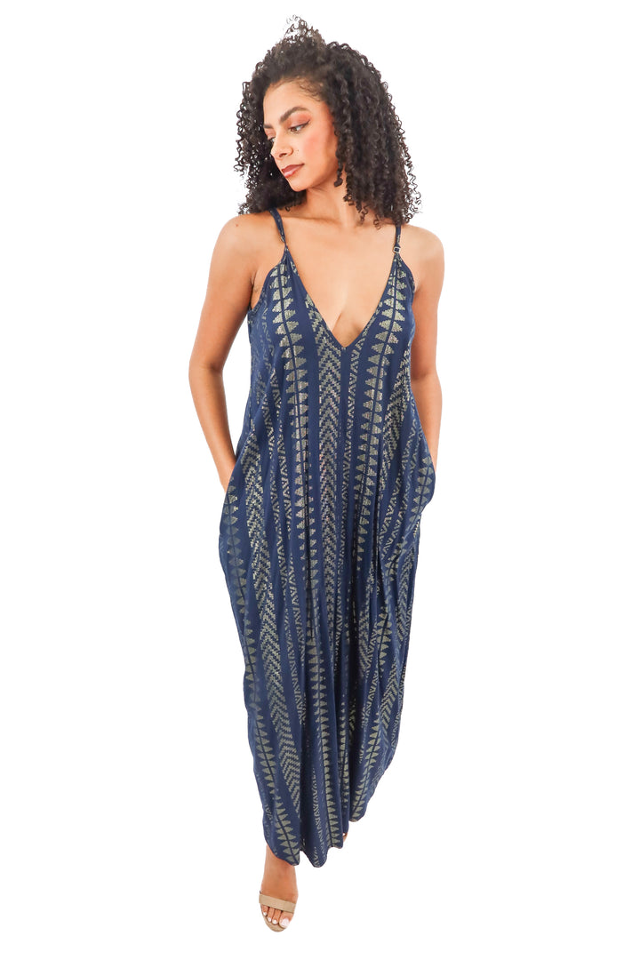 elan navy gold metallic maxi dress (L)