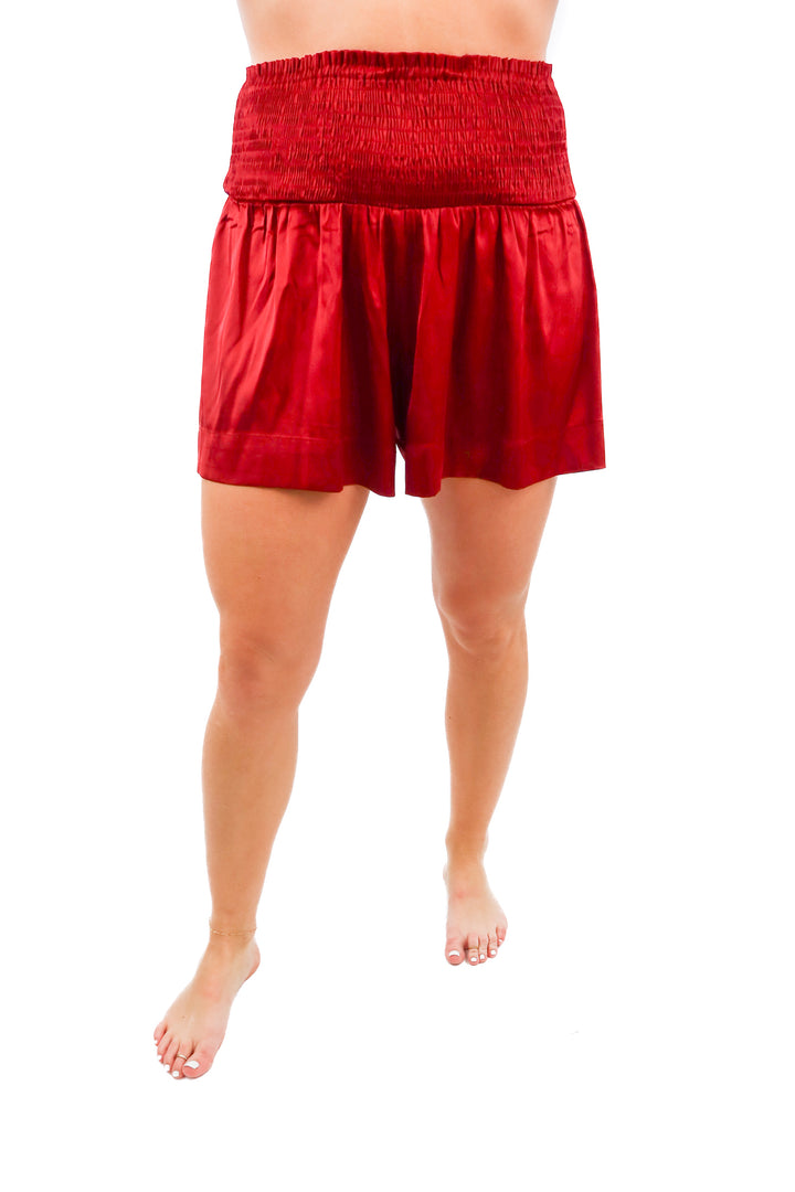 tcec maroon satin smocked shorts (s; retail $54)