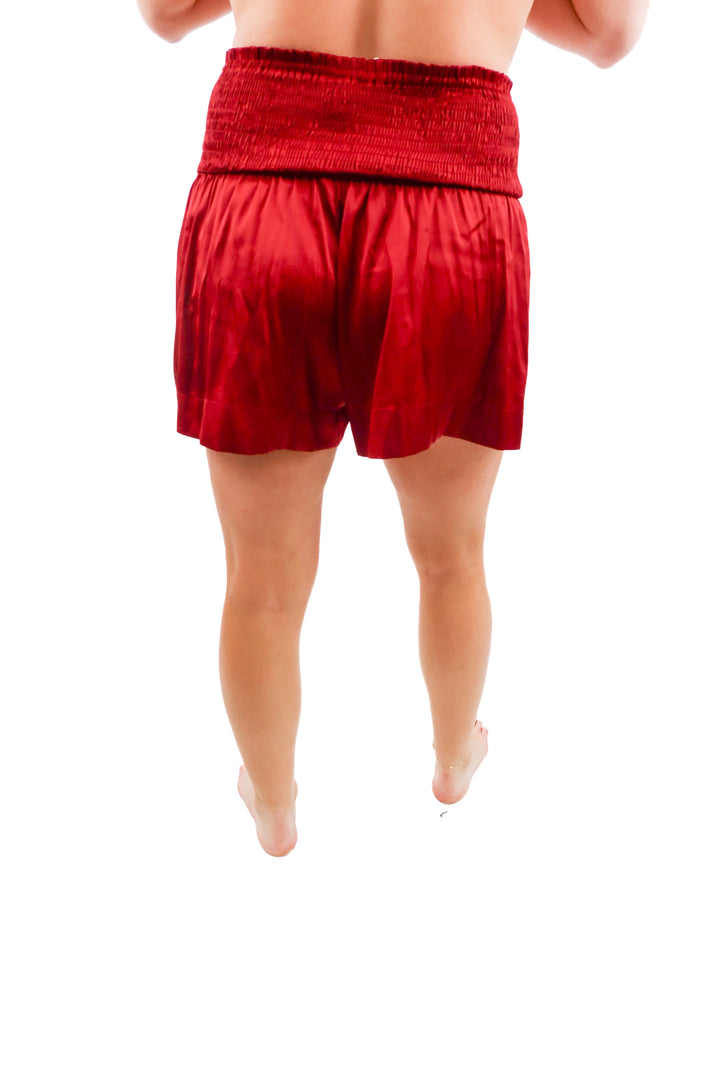 tcec maroon satin smocked shorts (s; retail $54)