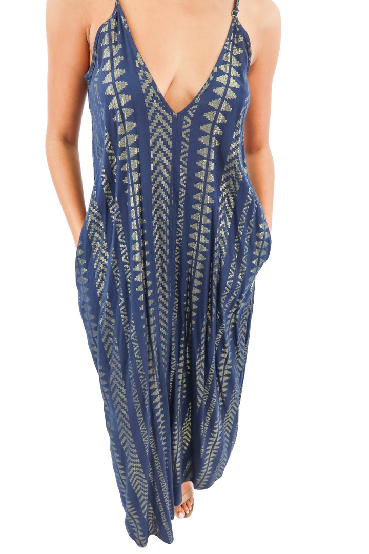 elan navy gold metallic maxi dress (L)