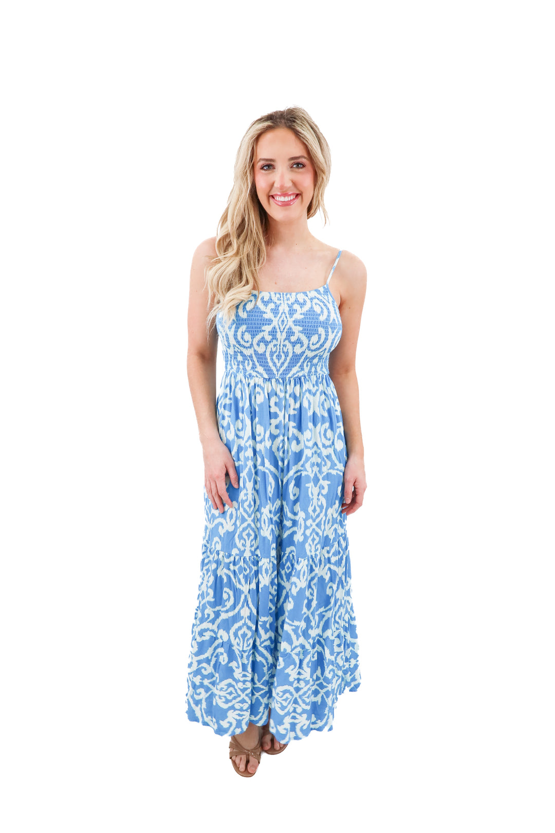 vine & love blue smocked long dress (s; retail $50)