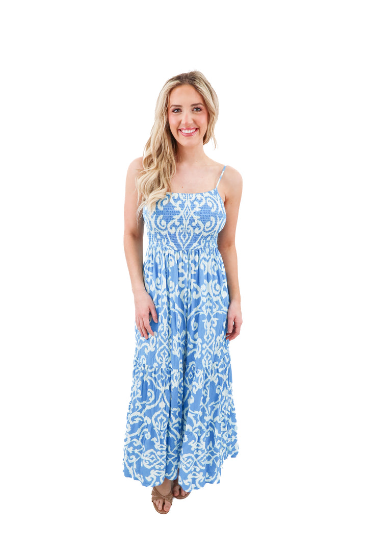 vine & love blue smocked long dress (s; retail $50)