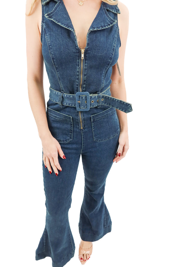 show me your mumu sleeveless denim bell bottom jumpsuit (M)*