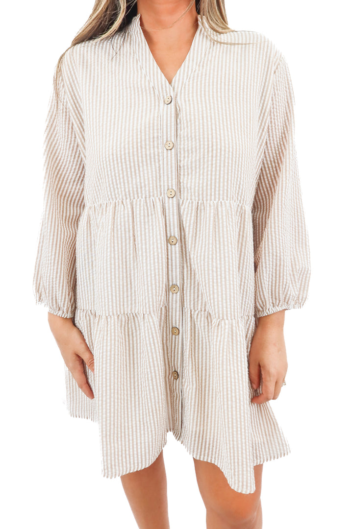 pink lily brown/white striped dress (L)