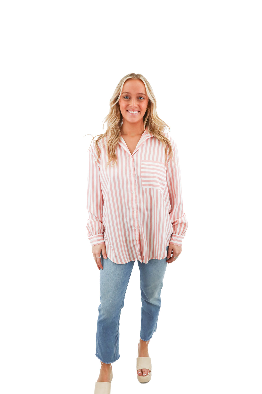 buddy love pink/white stripe button up top (m)