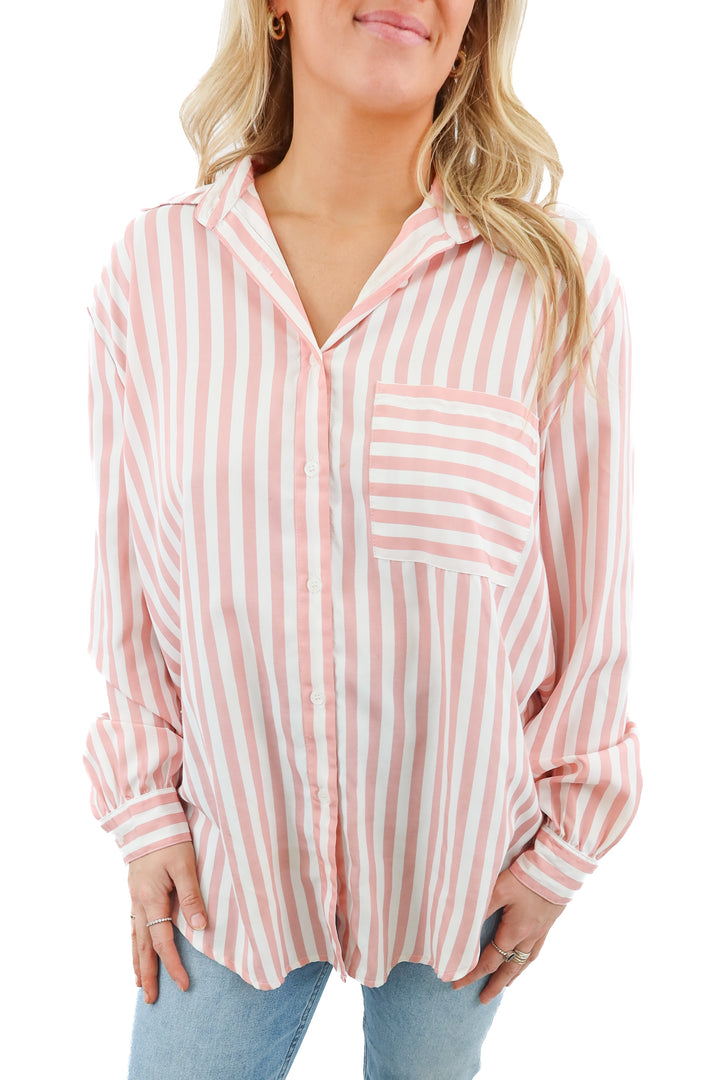 buddy love pink/white stripe button up top (m)