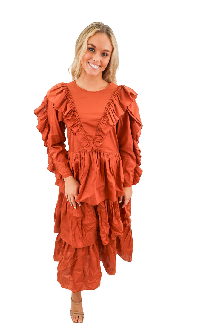 Loeffler randall rust orange long sleeve ruffle midi dress (XS)