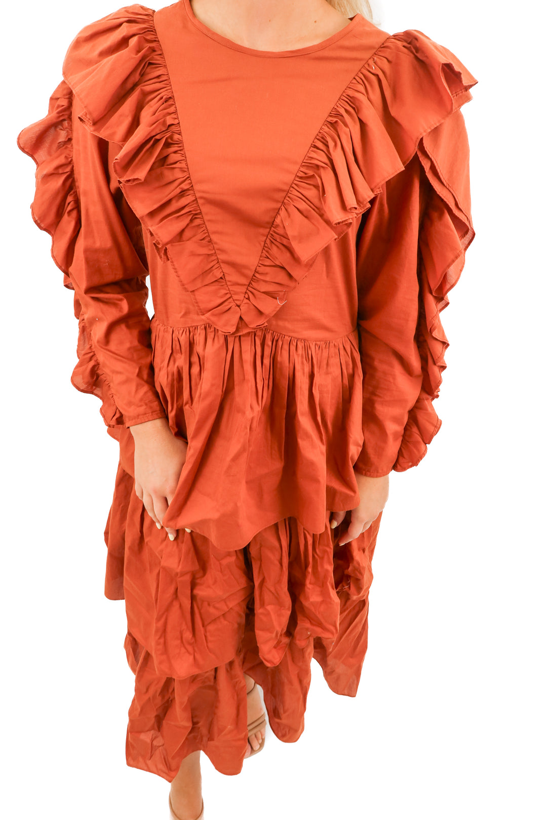 Loeffler randall rust orange long sleeve ruffle midi dress (XS)