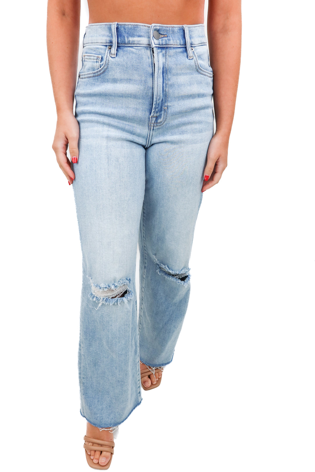 vici light wash distressed straight leg jeans (26; retail $74)