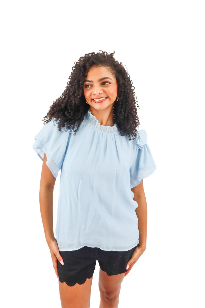 entro blue ruffle short sleeve dress (m)