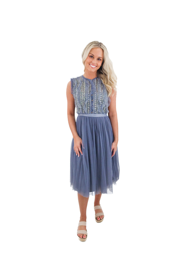 needle and thread vintage blue embellished tulle midi dress nwt (6; retail $650)*