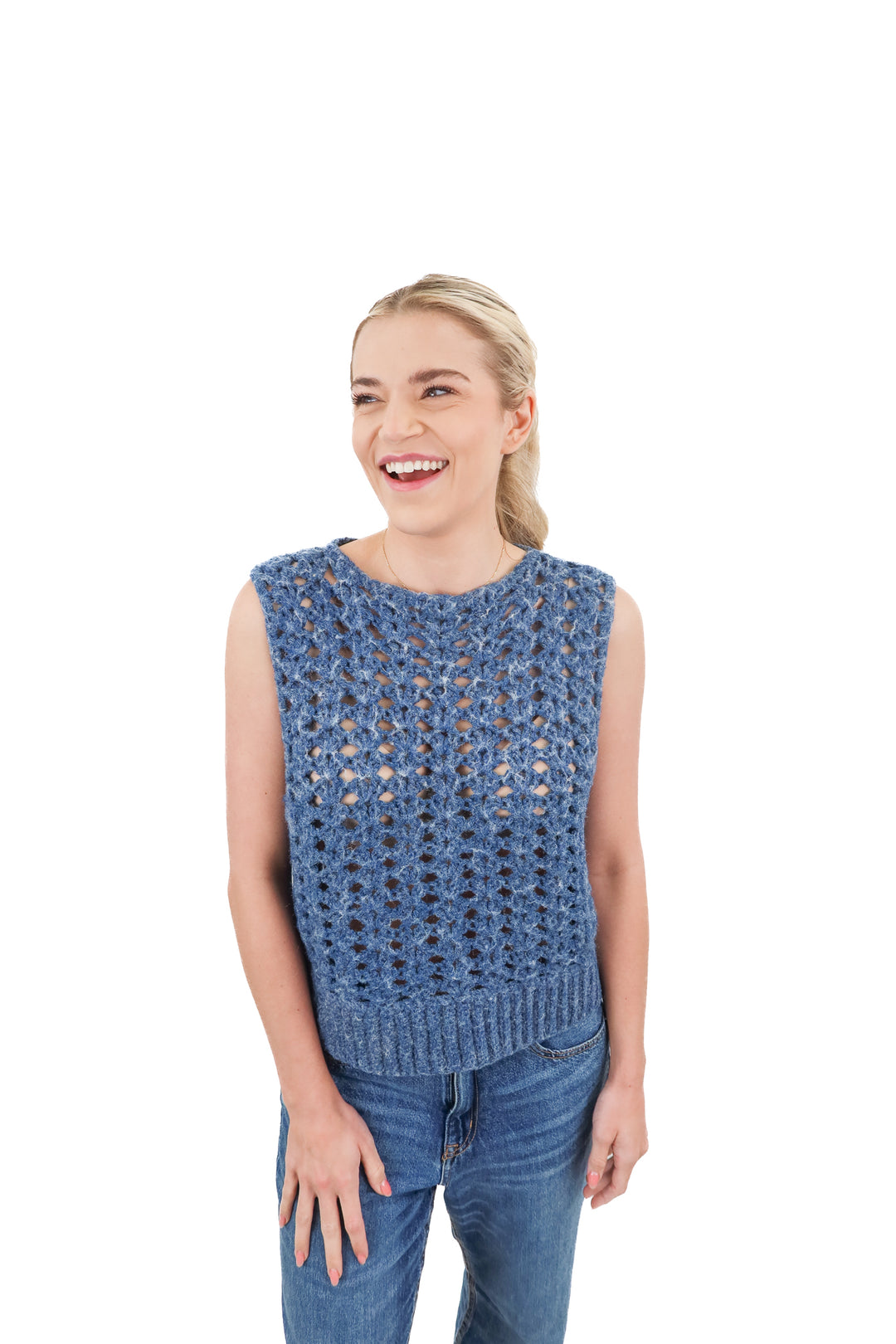 Blue crochet knit sleeveless vest (S/M)