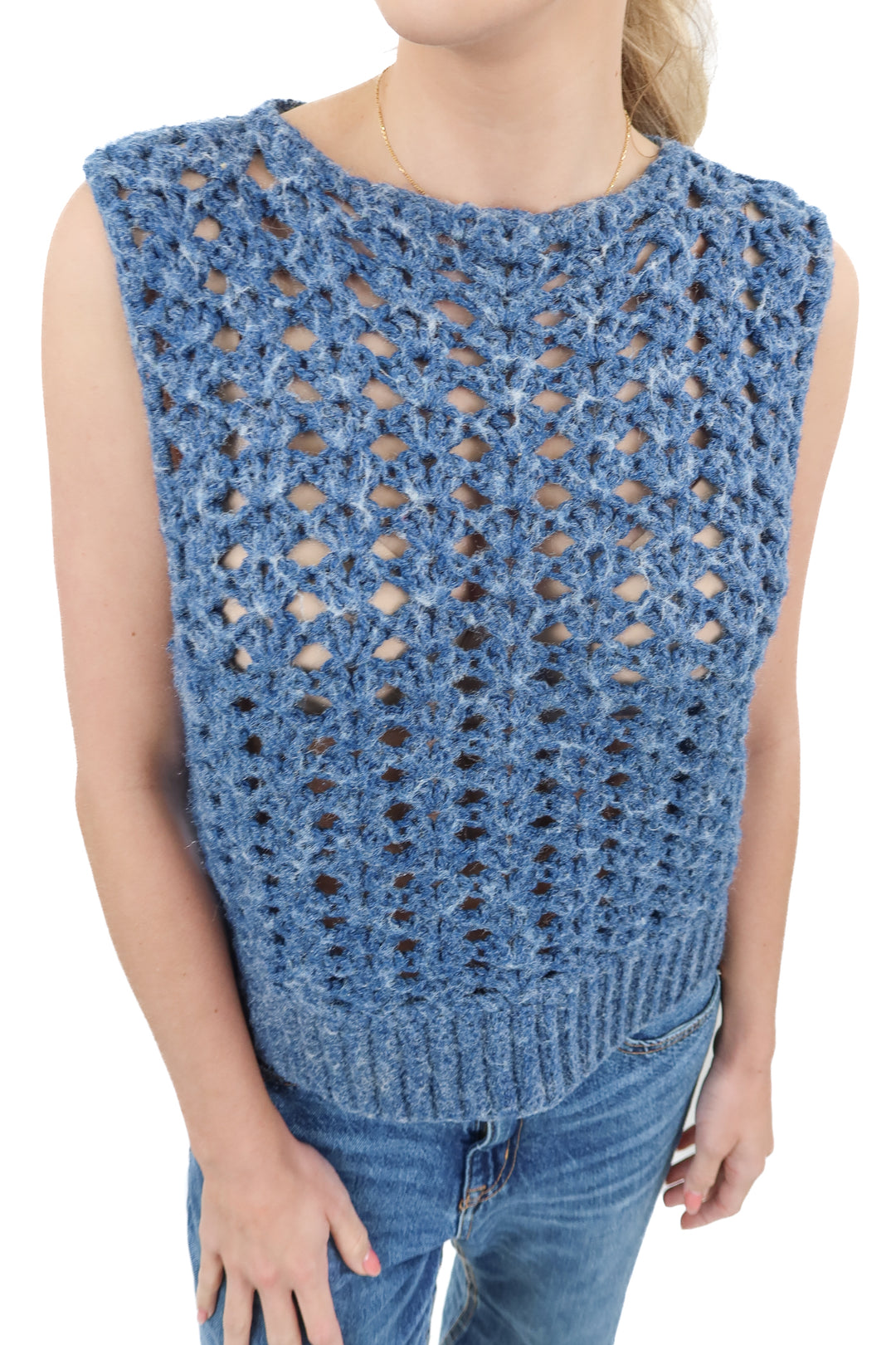 Blue crochet knit sleeveless vest (S/M)