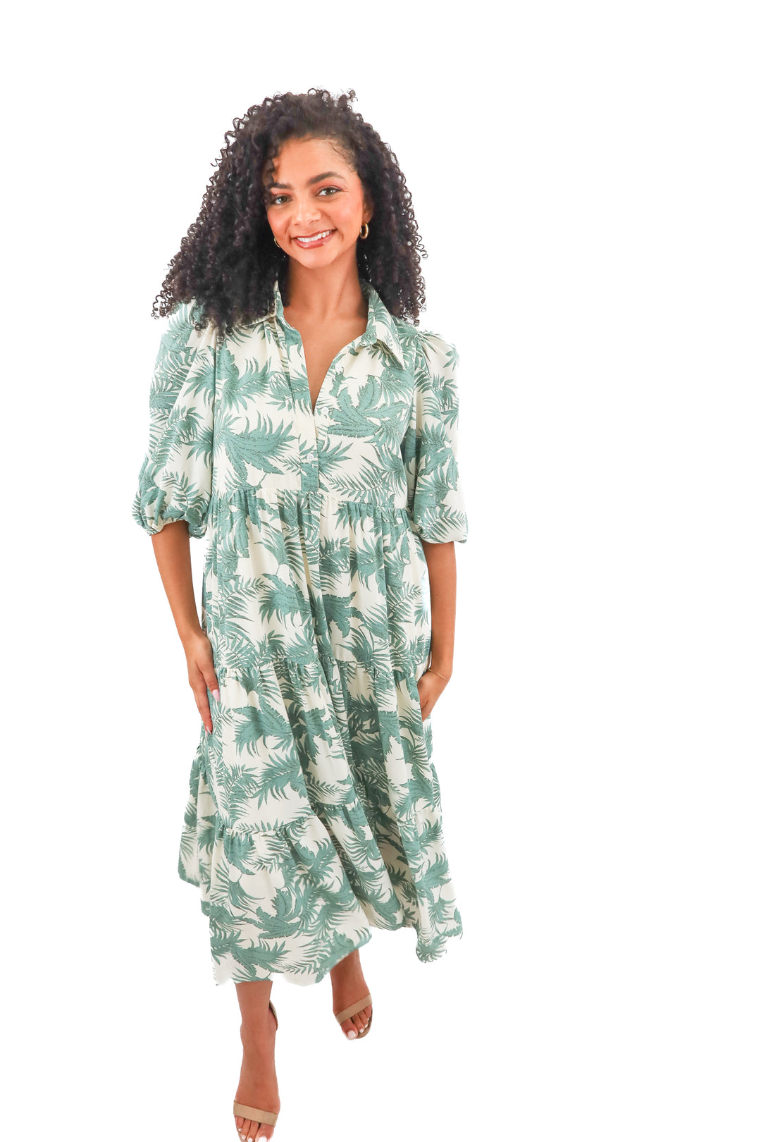 fab'rik green leaf print maxi dress (L)