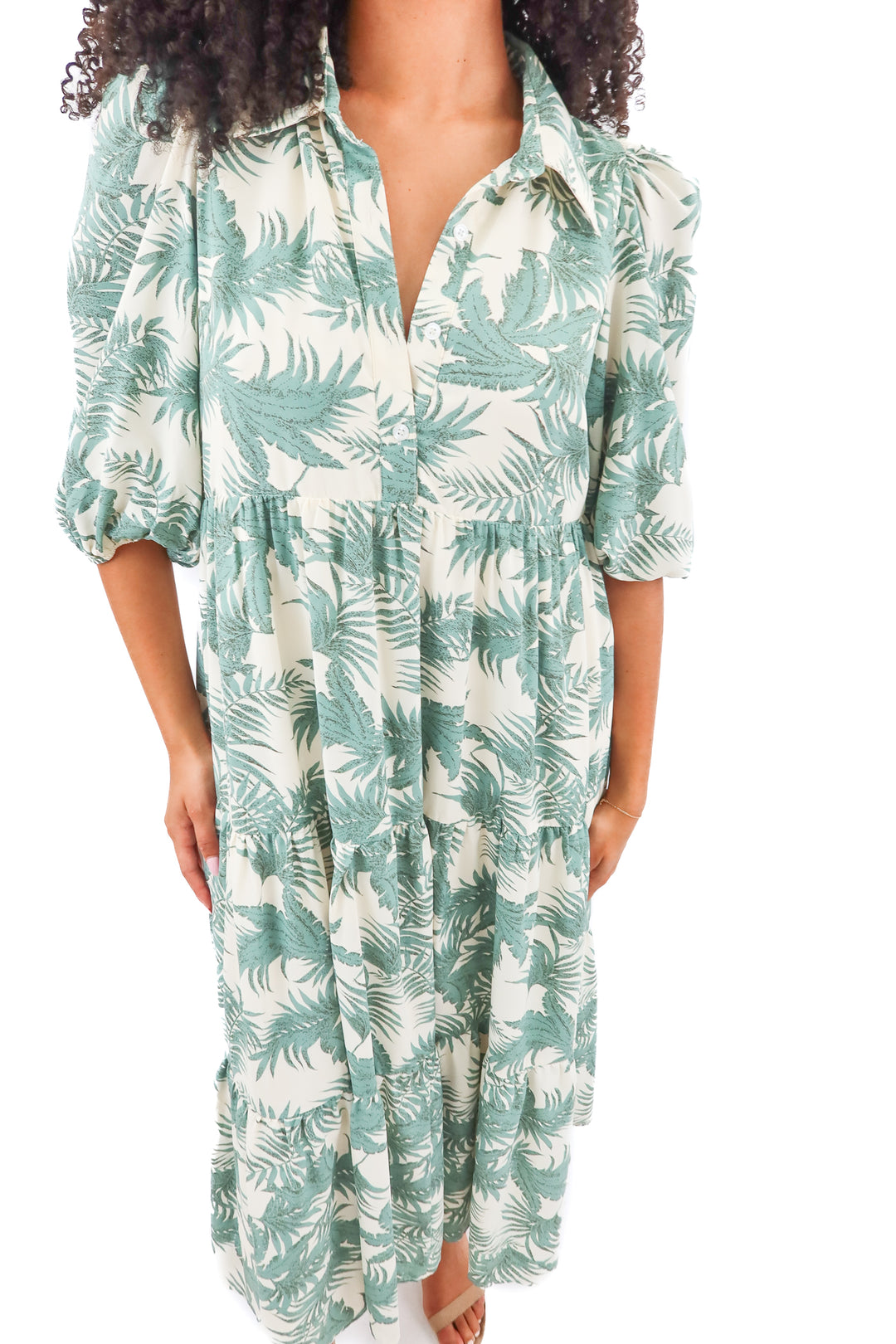 fab'rik green leaf print maxi dress (L)