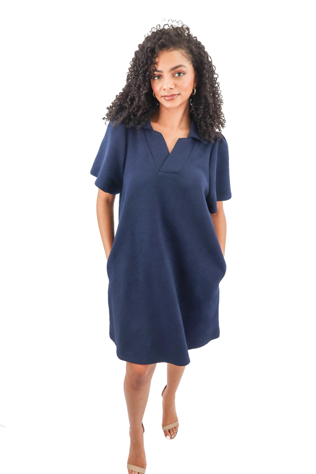 see and be seen navy textured short sleeve dress (L)