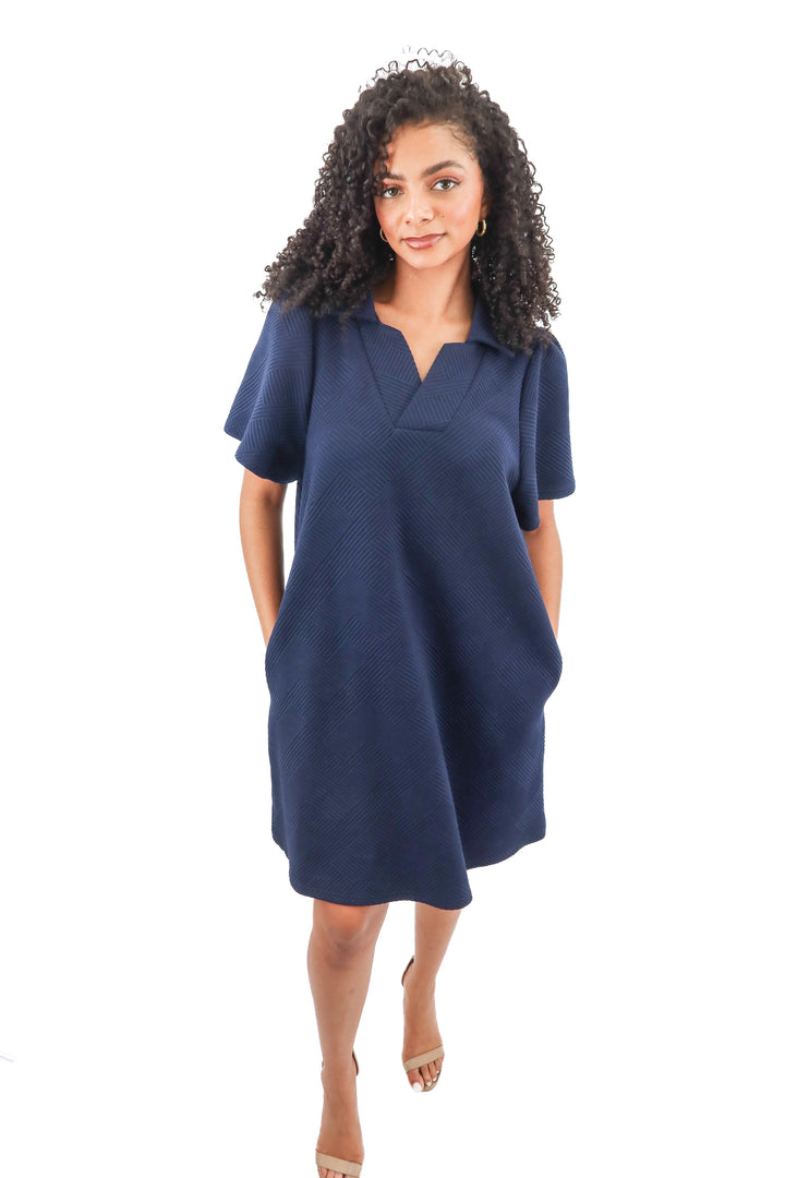 see and be seen navy textured short sleeve dress (L)