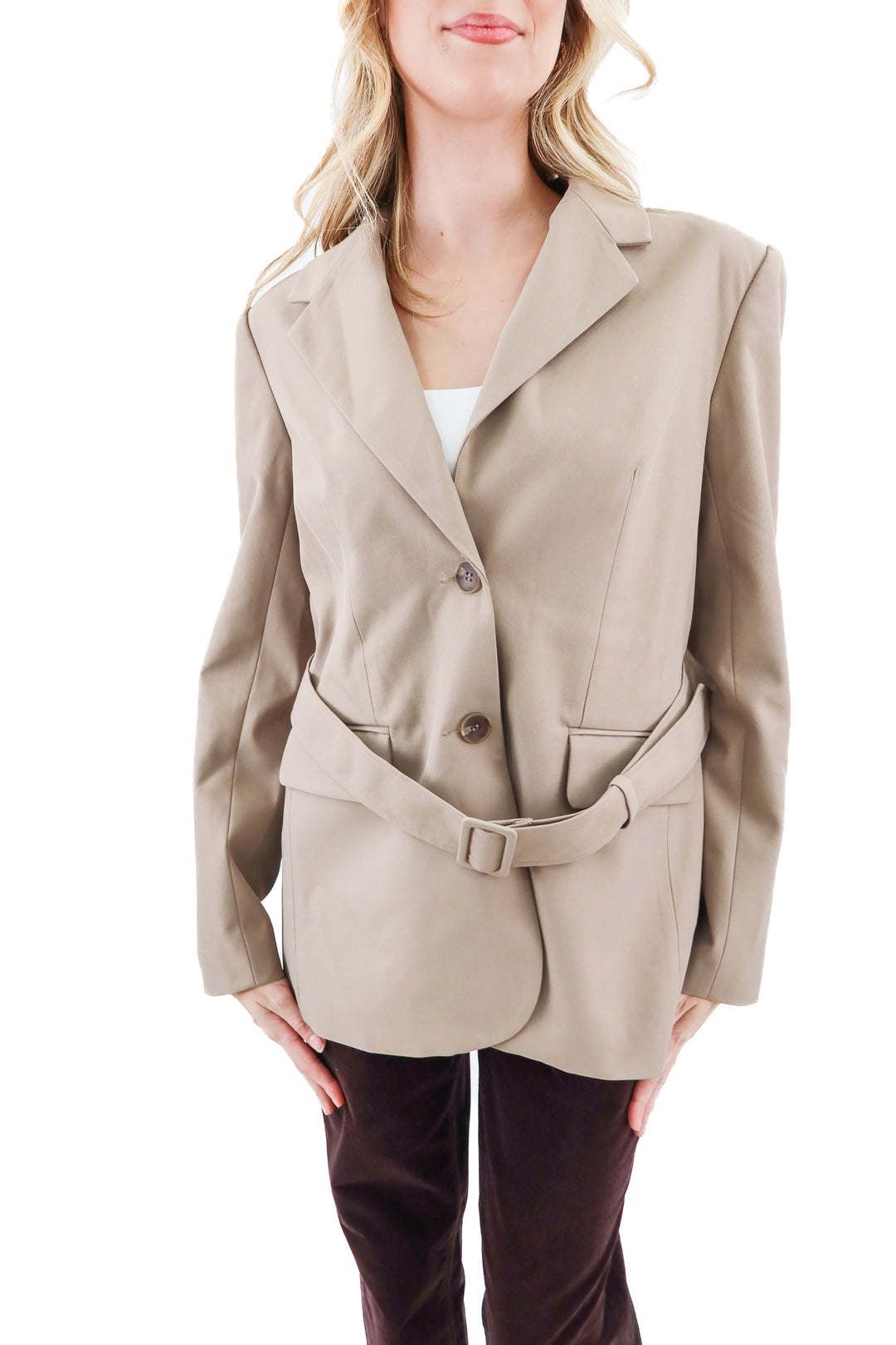 wayf taupe belted blazer nwt (s; retail $125)