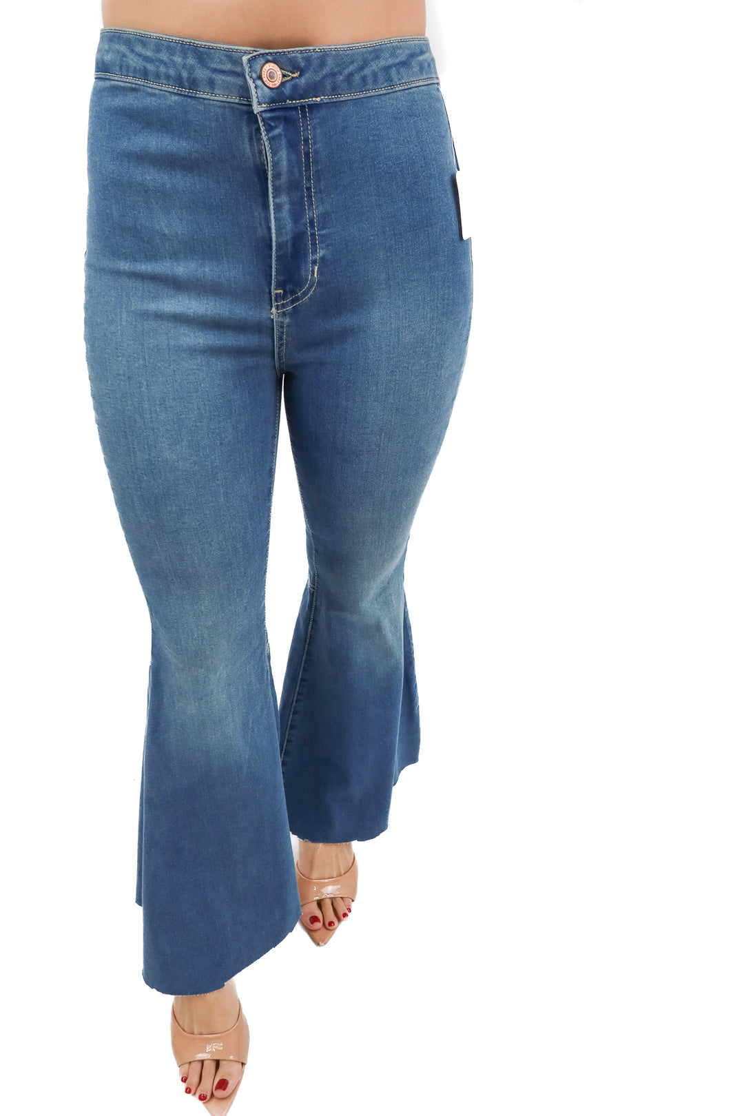 we the free medium wash raw hem bell bottom jeans NWT (28; retail $78)