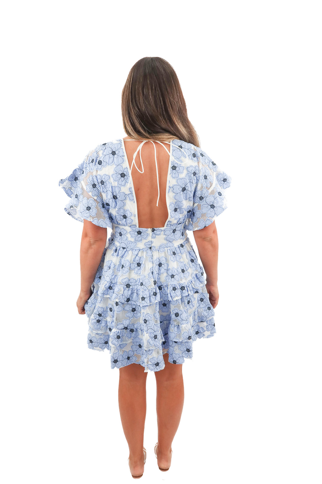 buddy love blue floral netted mini dress (L; retail $220)