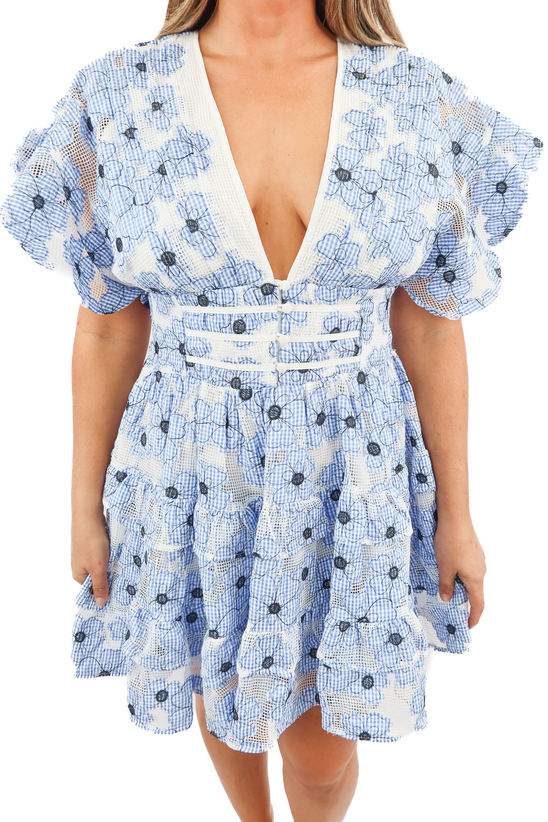 buddy love blue floral netted mini dress (L; retail $220)