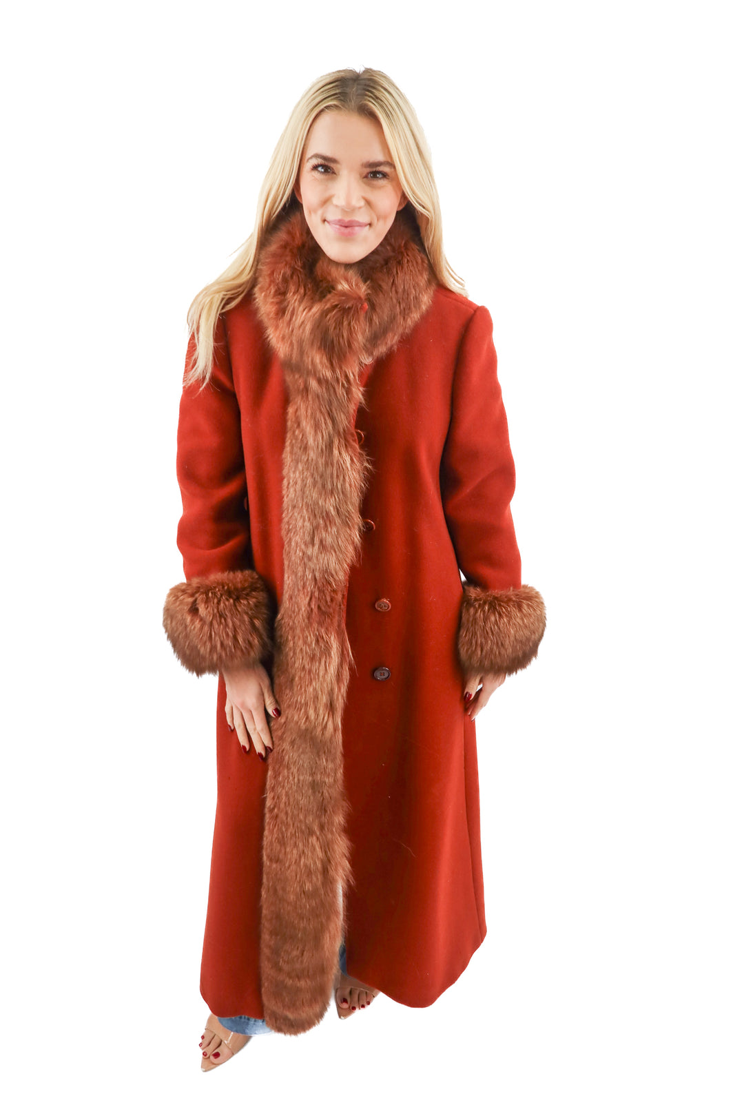 calvin klein vintage rust wool fur trench coat (s)