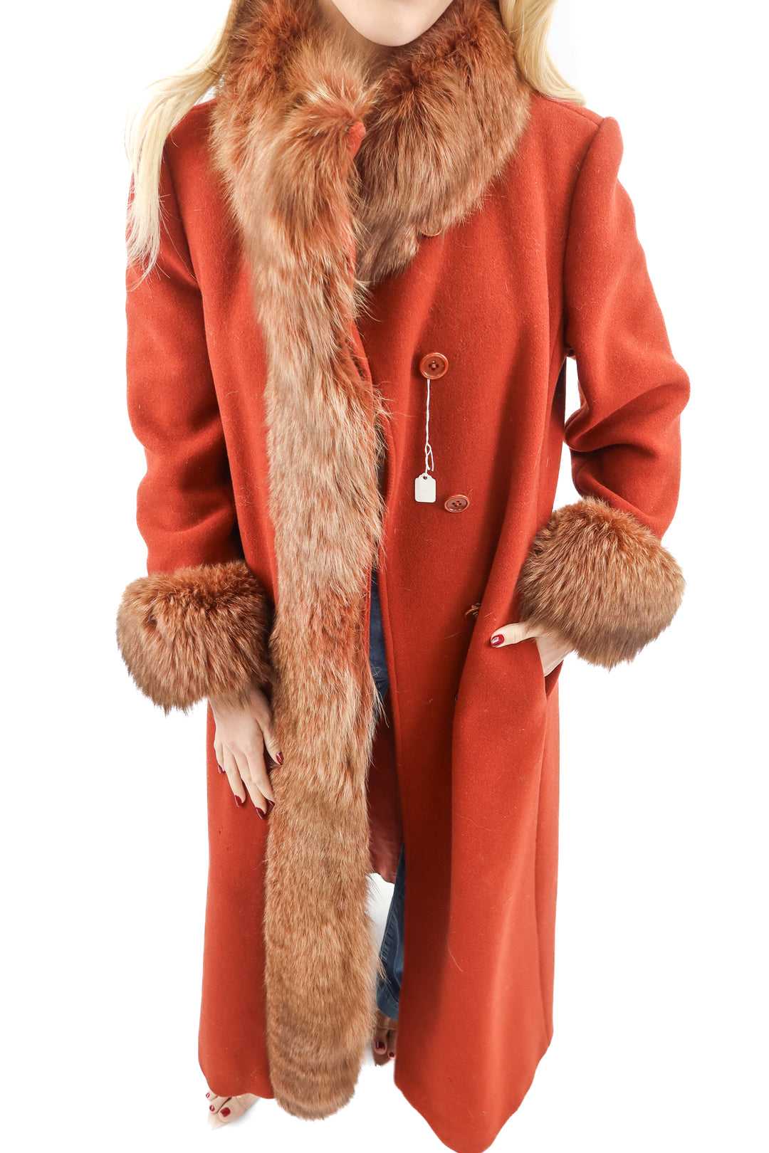 calvin klein vintage rust wool fur trench coat (s)
