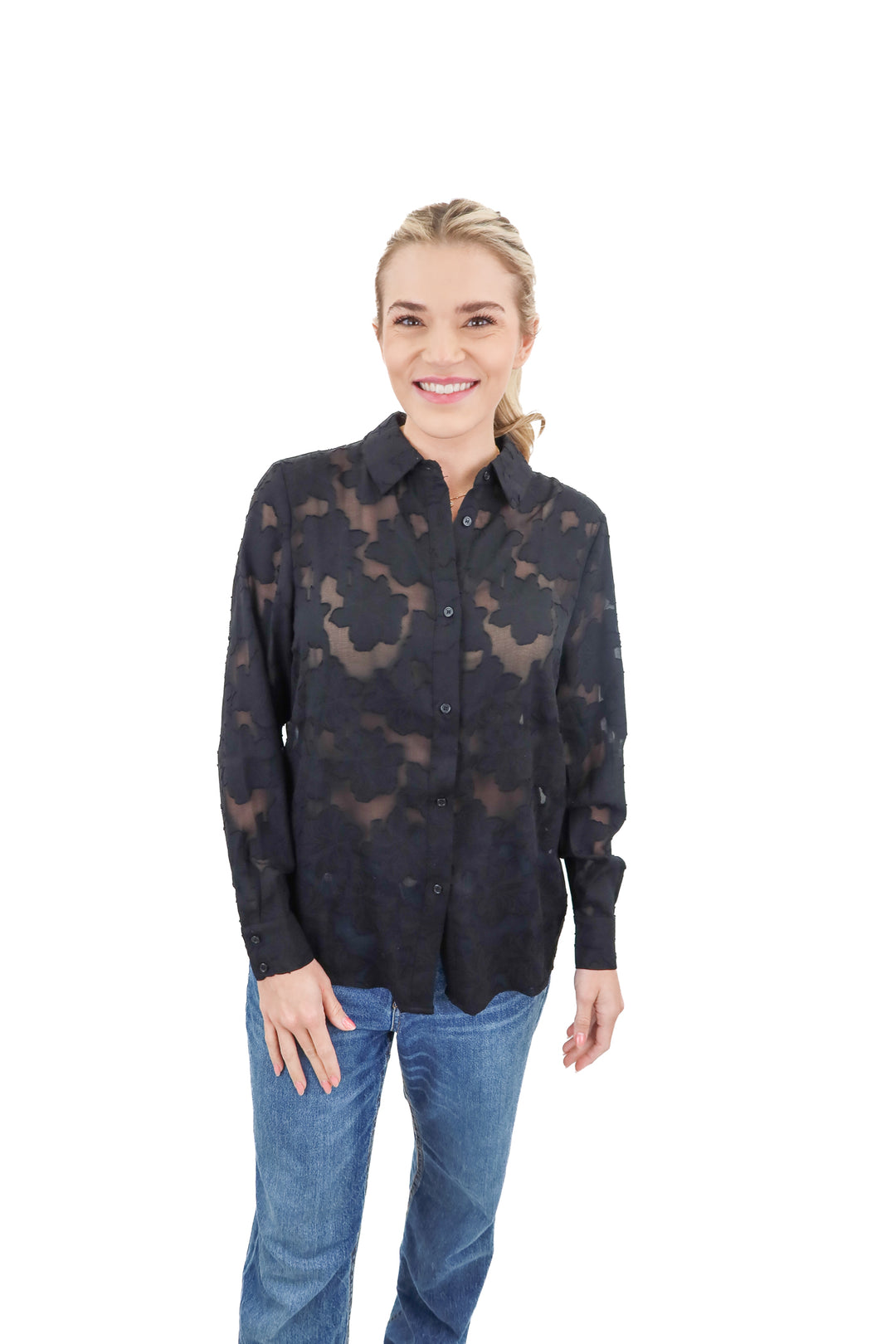 The Noli Shop black floral button down top (S; retails $148)
