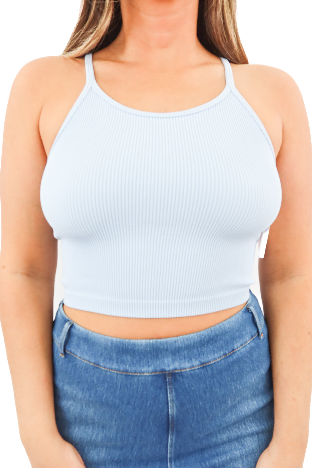 light blue seamless ribbed top (L)