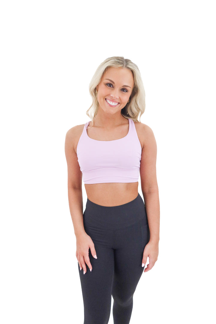 lululemon purple strappy sports bra (6; retail $58)