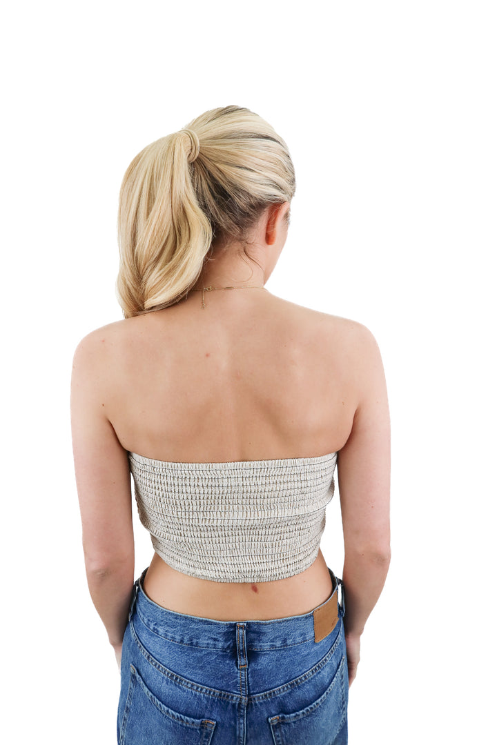 Aakaa beige stripe strapless stripe crop top NWT (S; retail $32)