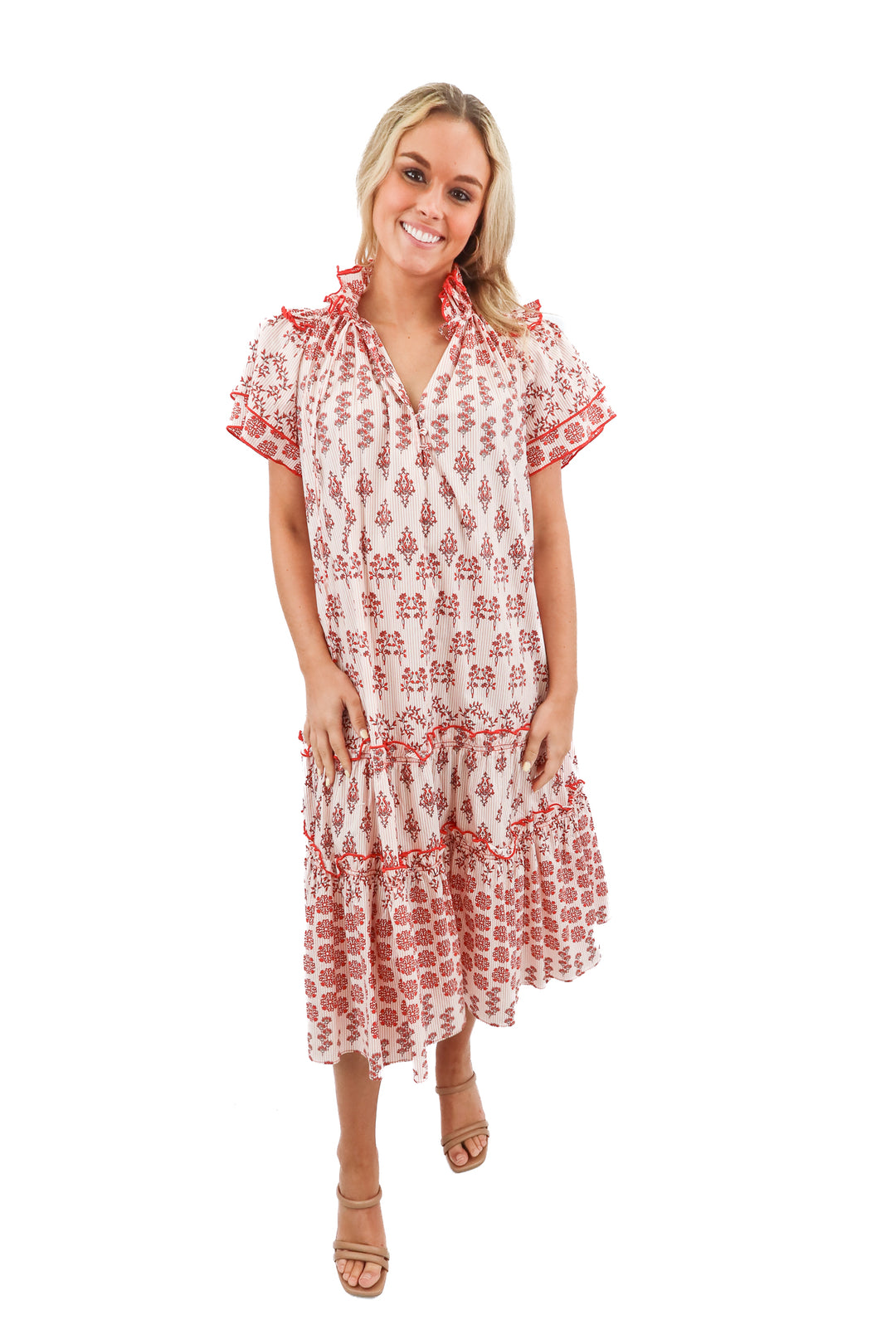 hunter bell red floral ruffle maxi dress (xs; retail $525)