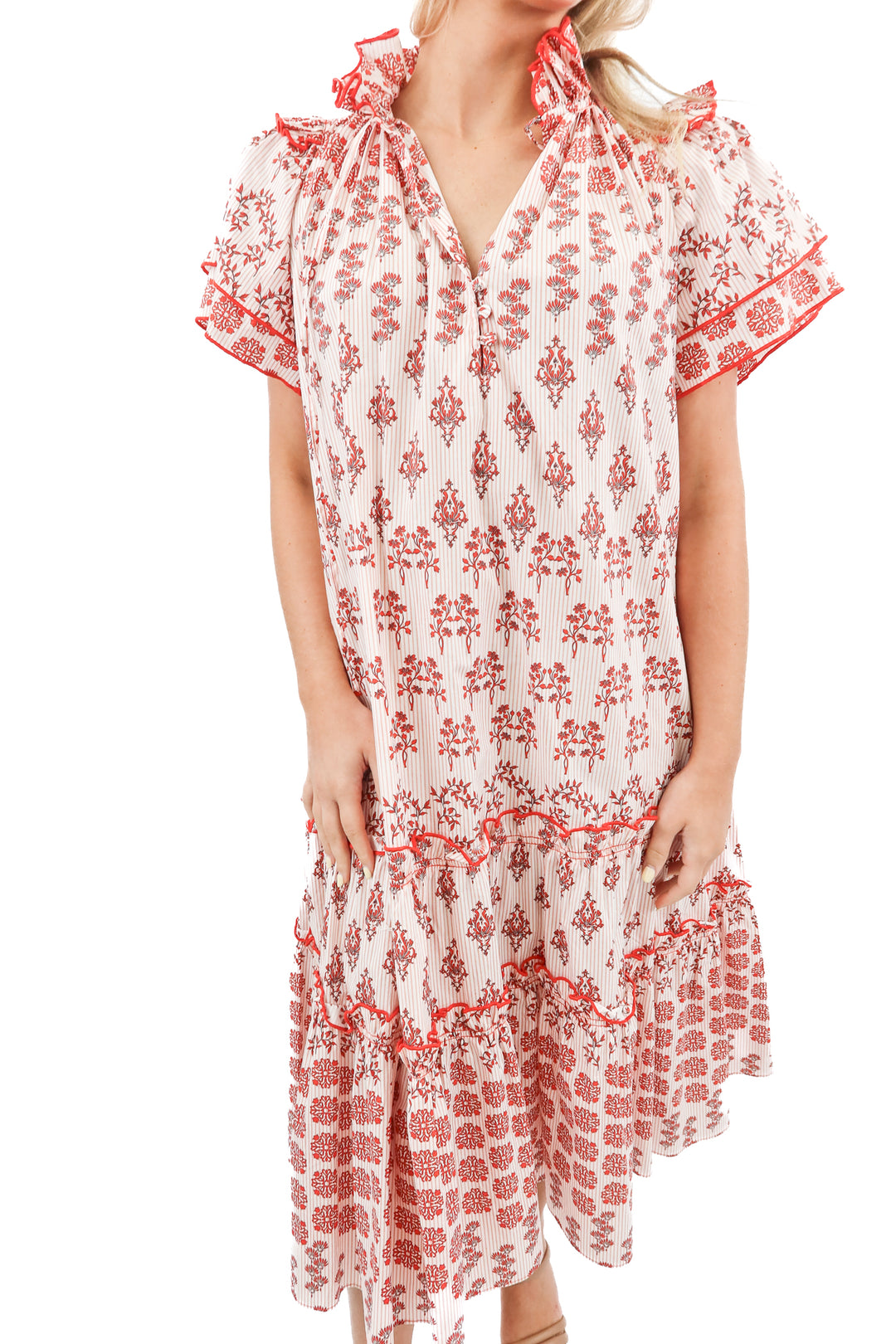 hunter bell red floral ruffle maxi dress (xs; retail $525)