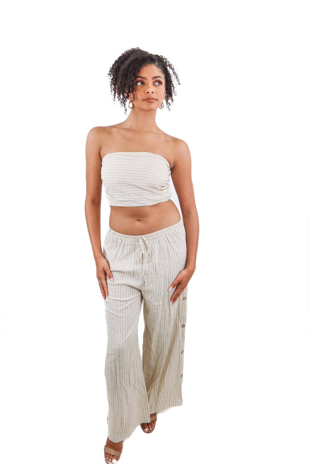 Aakaa beige stripe top and pants set NWT (M)