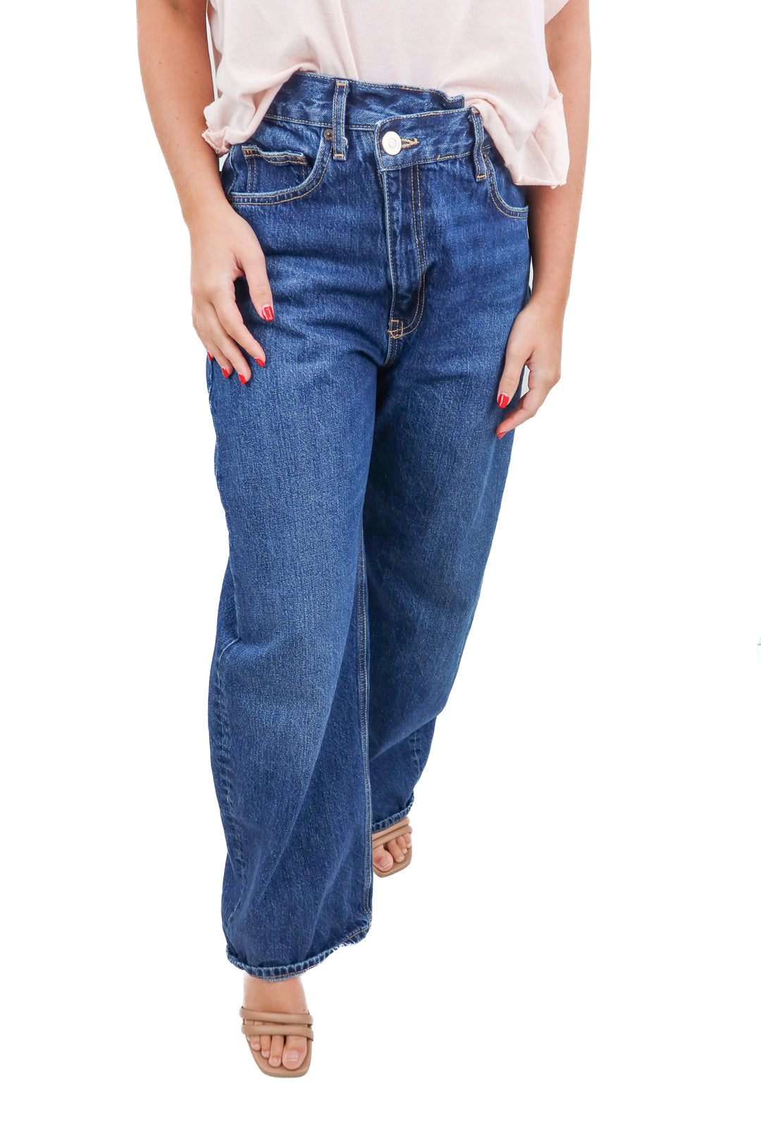 zara dark wash asymmetrical jeans (36; retail $70)