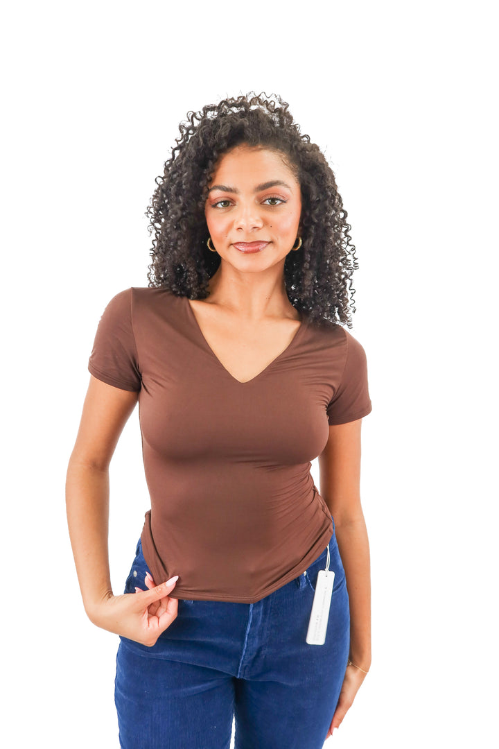 vertvie brown v neck short sleeve top NWT (L)