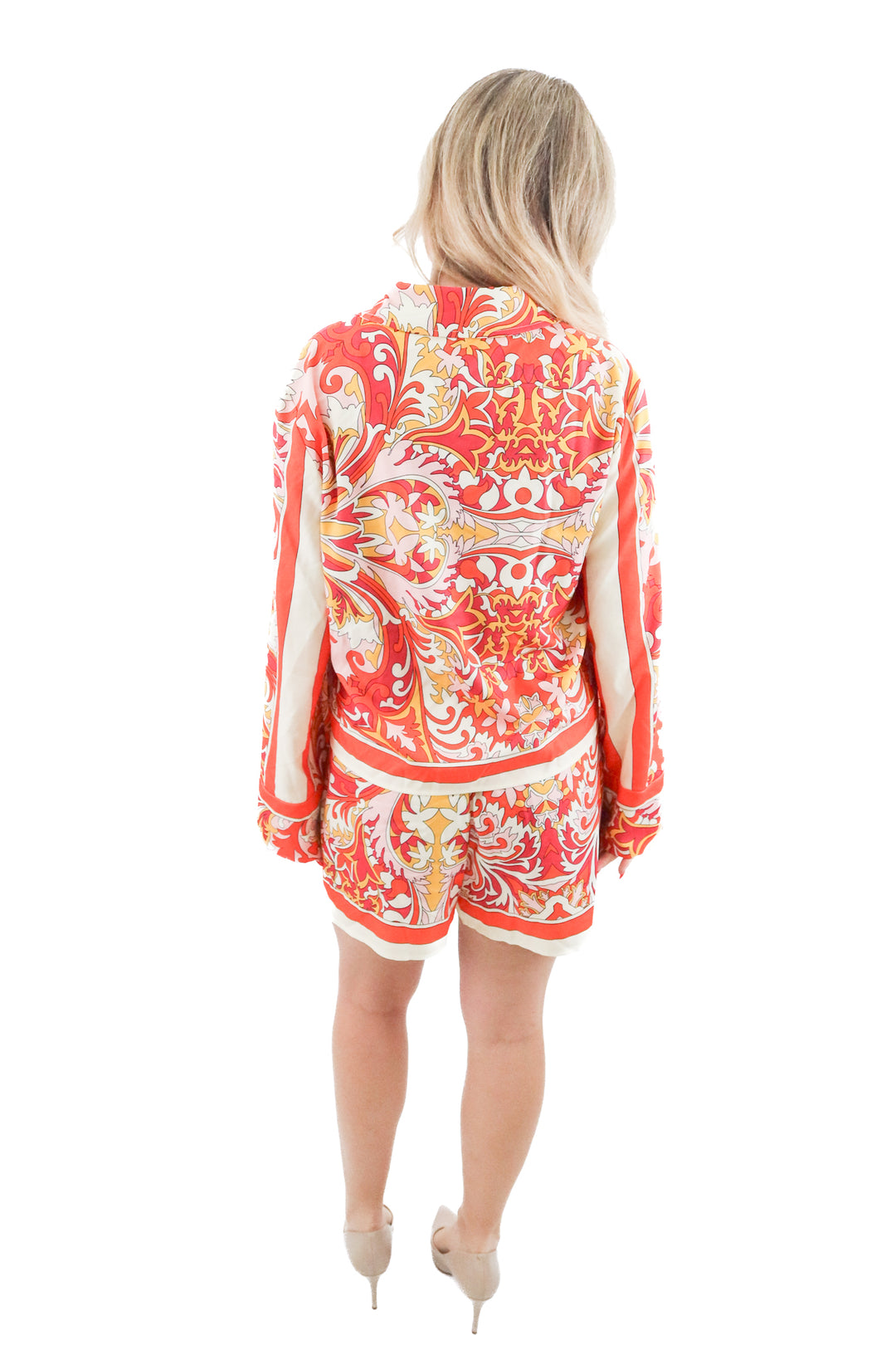 fashion nova pink and orange patterned top and short set (xl)