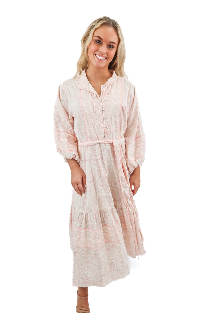 sue sartor pink floral button front maxi dress (s; retail $499)